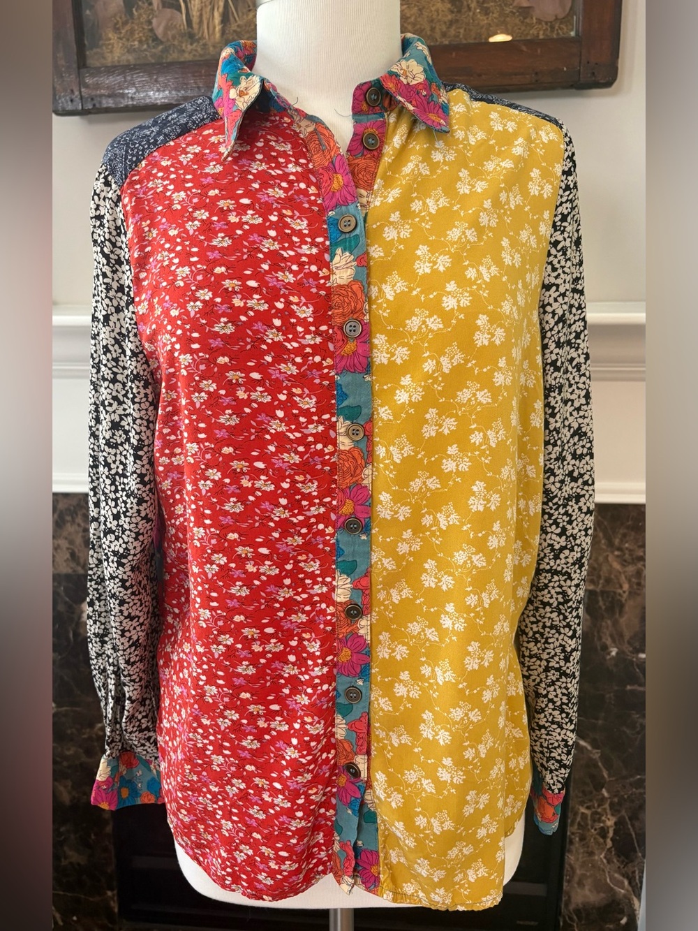 Natural Life Esme Patchwork Long Sleeve Button Down Blouse Boho Mixed Floral Md
